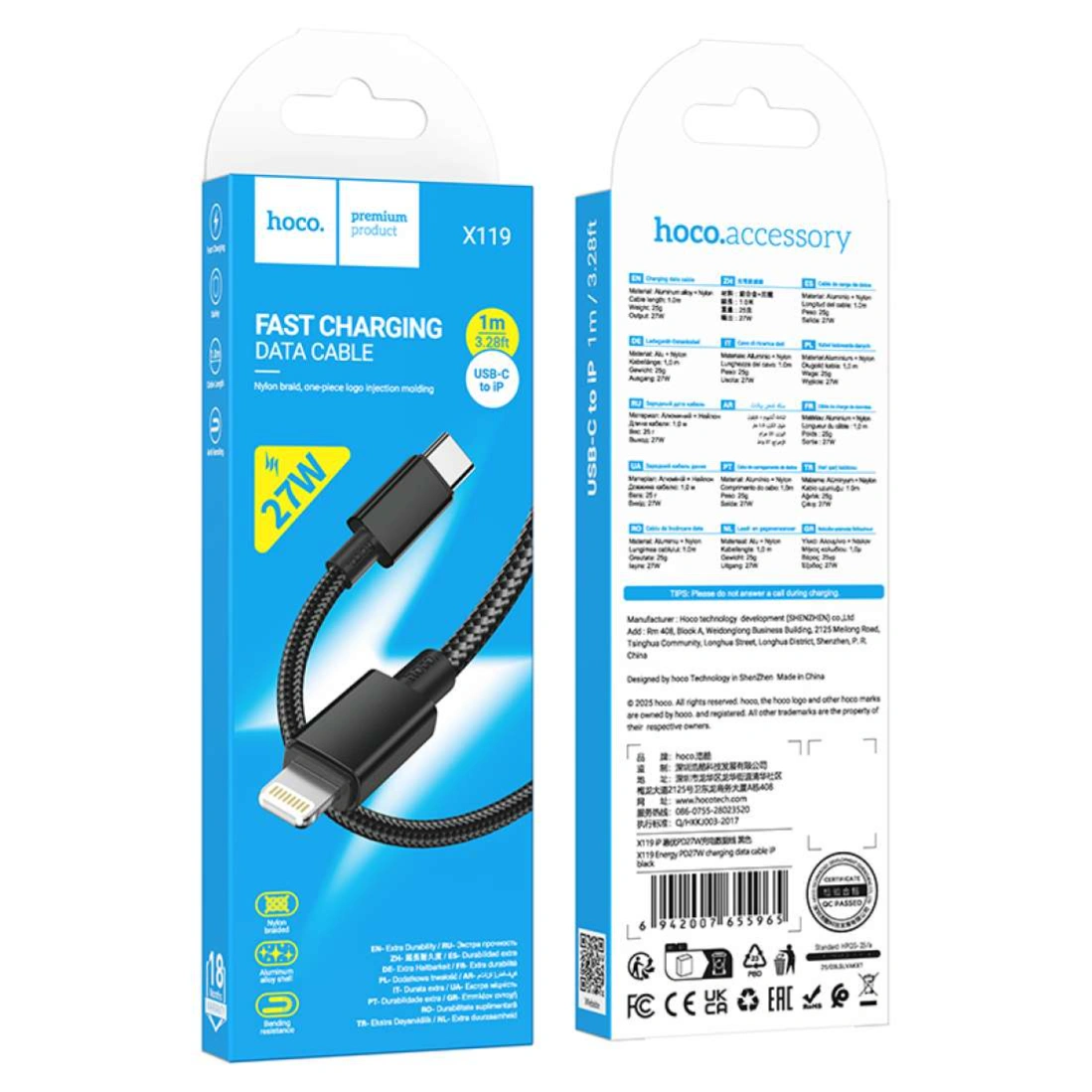 hoco-data-cable-x119-nylon-pd-27w-type-c-to-lightning-black