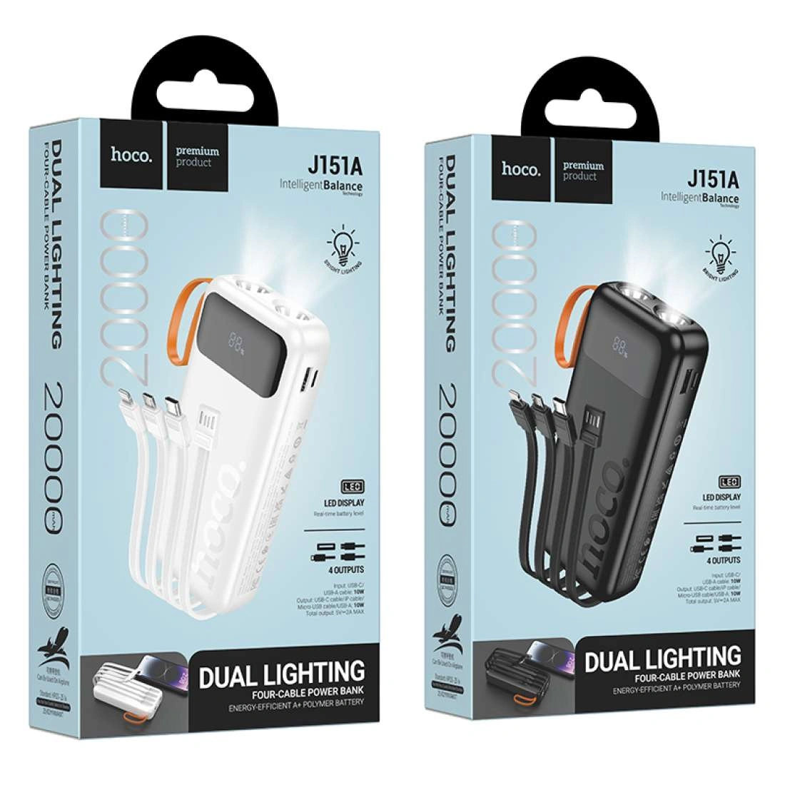 HOCO. Power Bank J151A Fast Charge 20000mAh PD Type-C 20W and USB-A with Digital Led Indicator and Dual Light - Black (4 charging cables)
